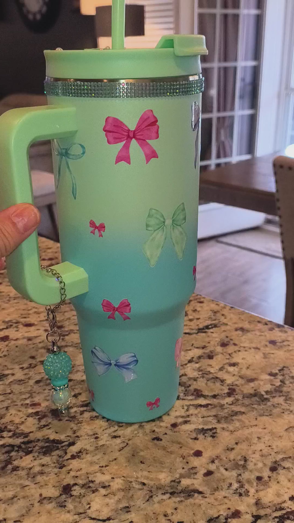 BOW 40 oz stainless steel tumbler with charm and decorated lid