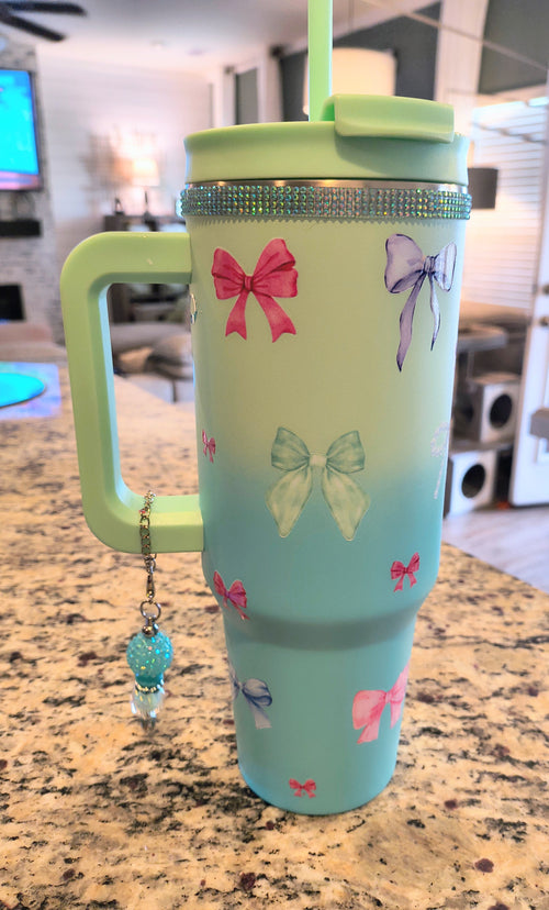 BOW 40 oz stainless steel tumbler with charm and decorated lid