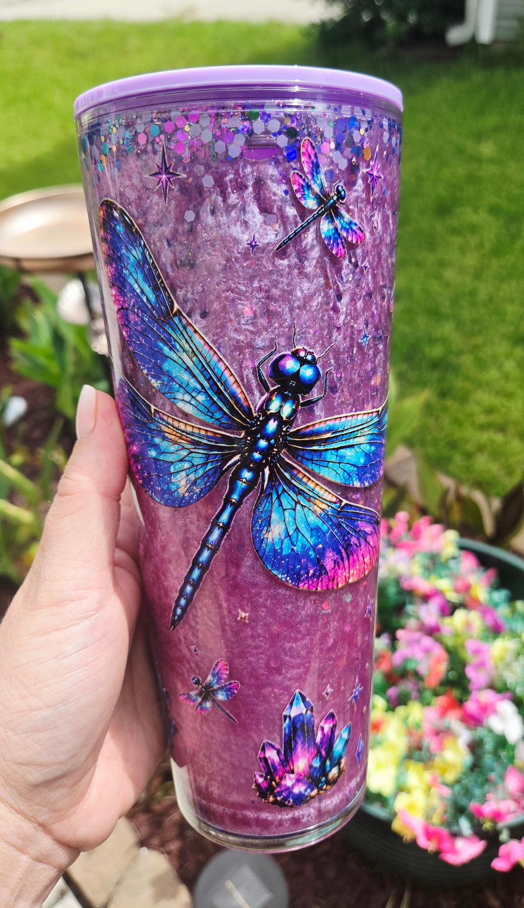 DRAGONFLY 24 oz acrylic snow globe tumbler mica waterfall