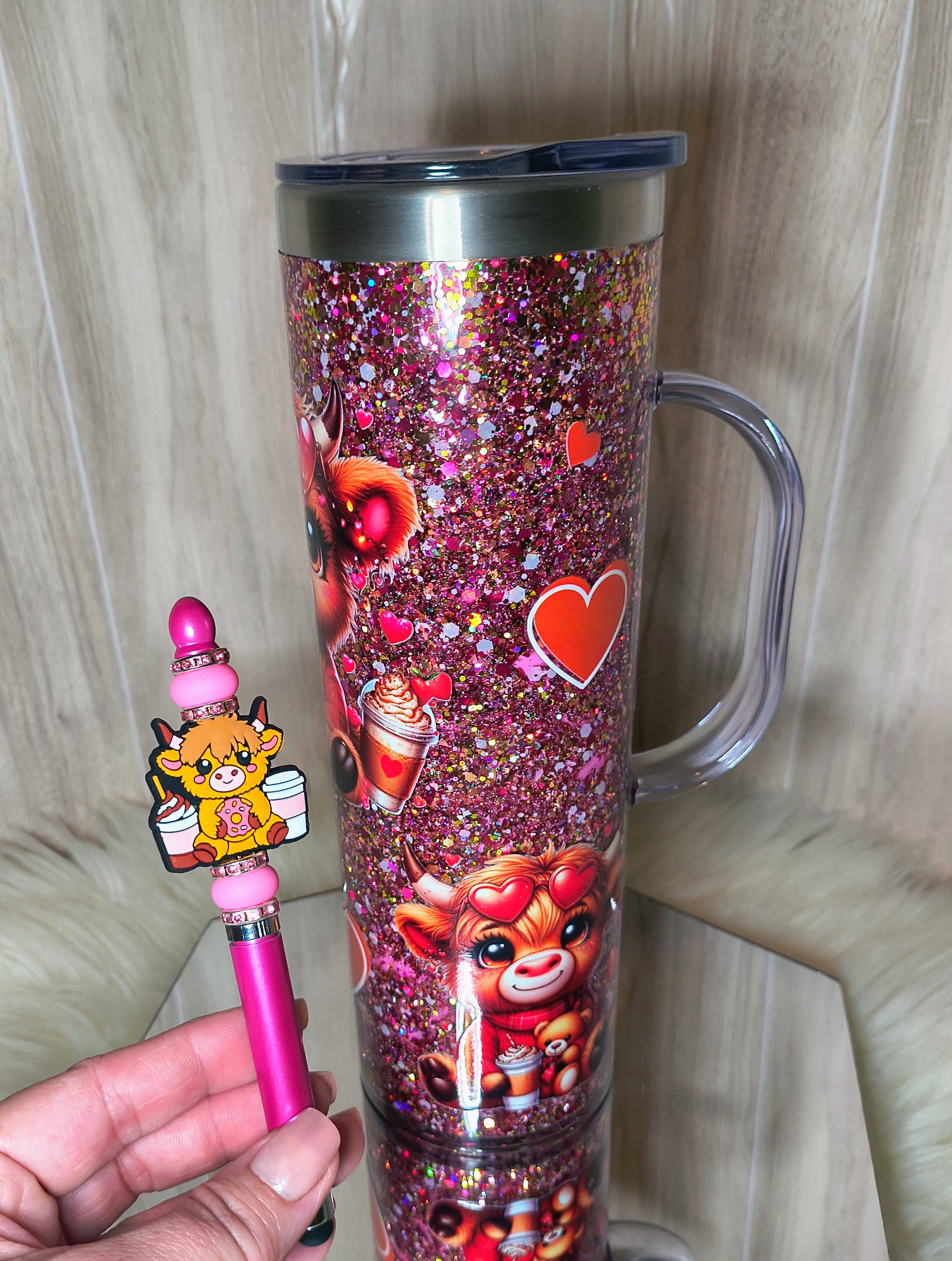 COW/COFFEE/HEART 20oz stainless steel snowglobe tumbler with matching pen