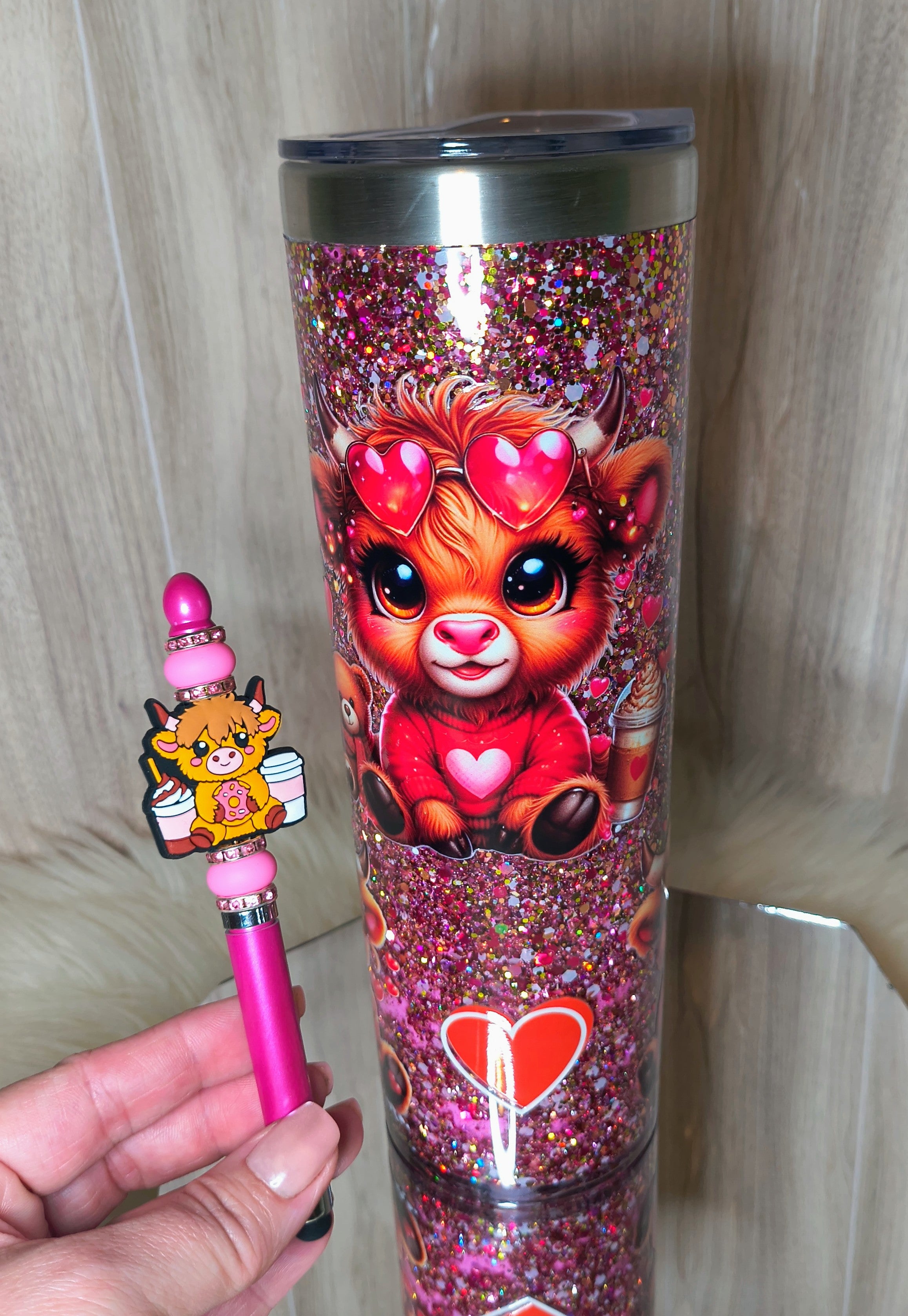 COW/COFFEE/HEART 20oz stainless steel snowglobe tumbler with matching pen