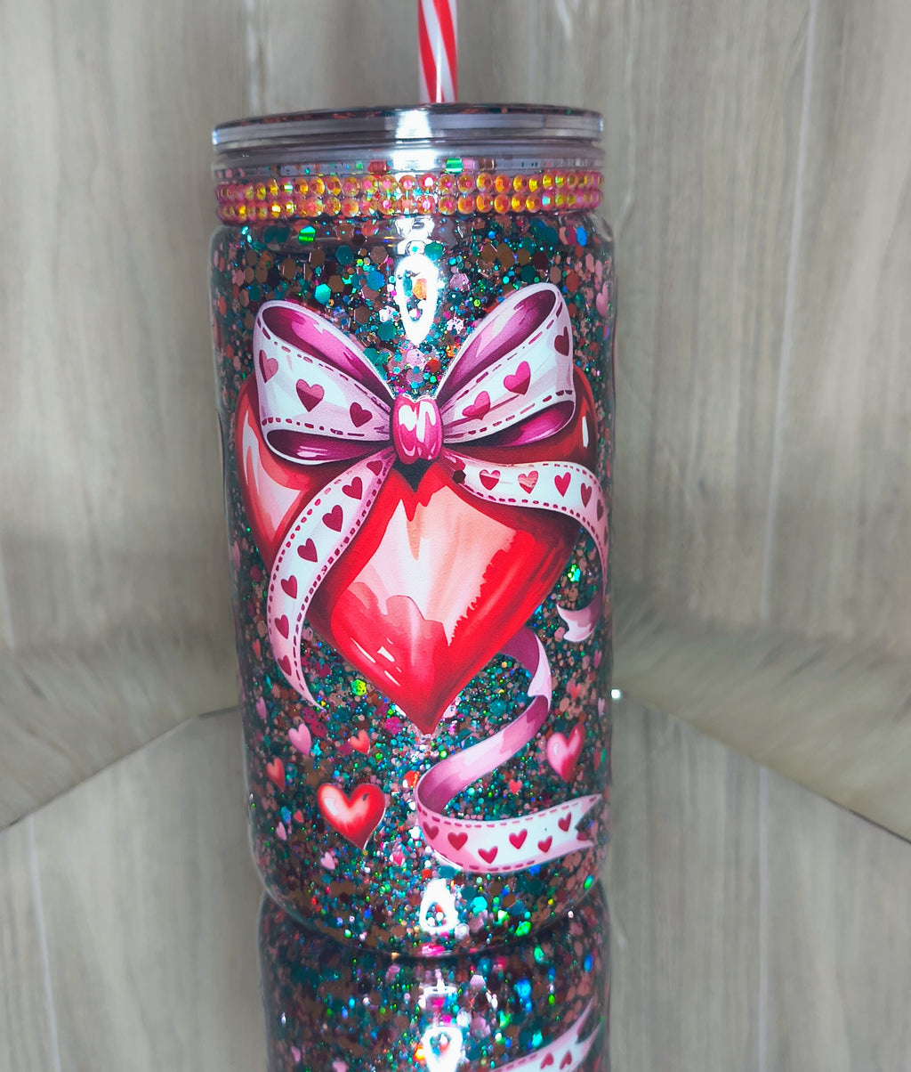 HEART WITH BOW 16 oz acrylic snowglobe tumbler