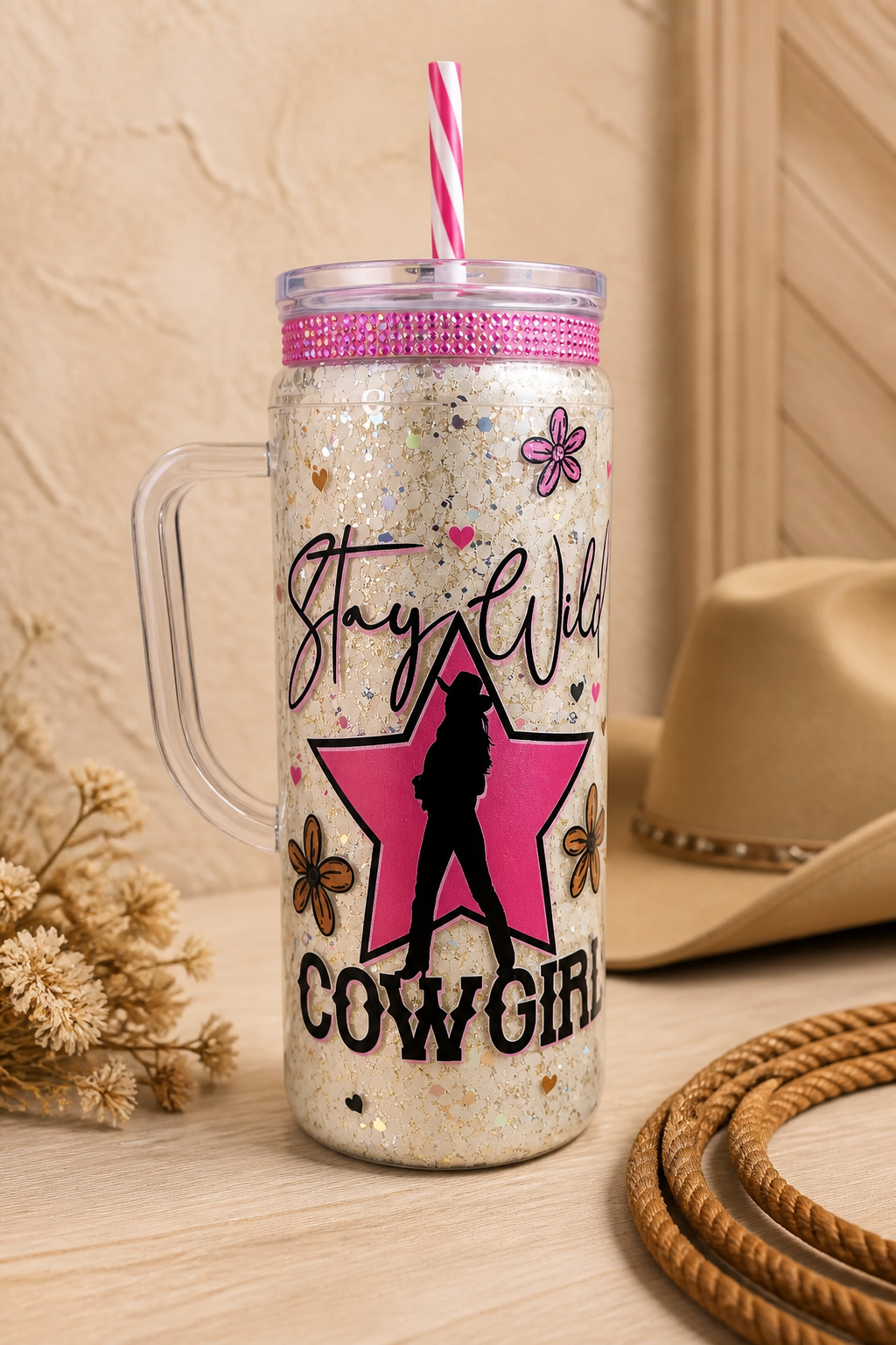 STAY WILD COWGIRL 20oz acrylic snowglobe with handle