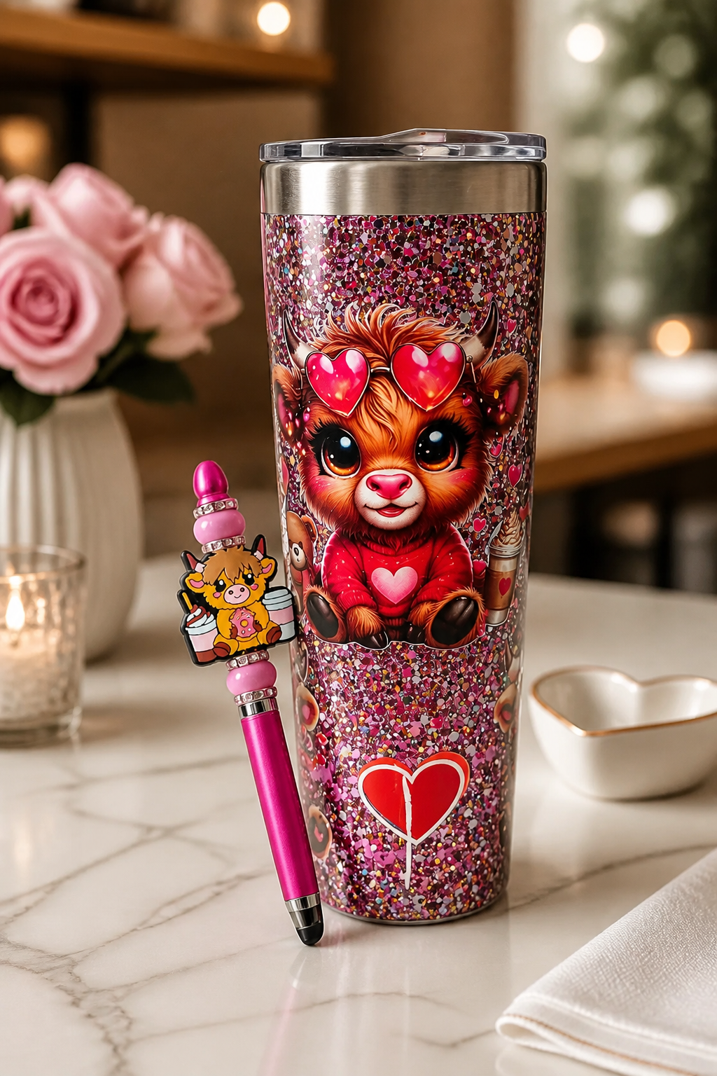 COW/COFFEE/HEART 20oz stainless steel snowglobe tumbler with matching pen