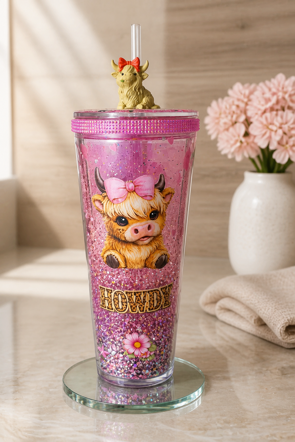 COW/CACTUS/HOWDY 24oz snowglobe acrylic tumbler with cow topper