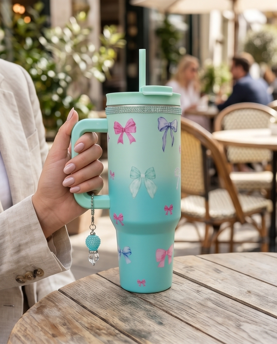BOW 40 oz stainless steel tumbler with charm and decorated lid