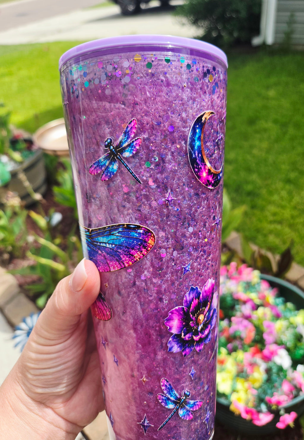 DRAGONFLY 24 oz acrylic snow globe tumbler mica waterfall