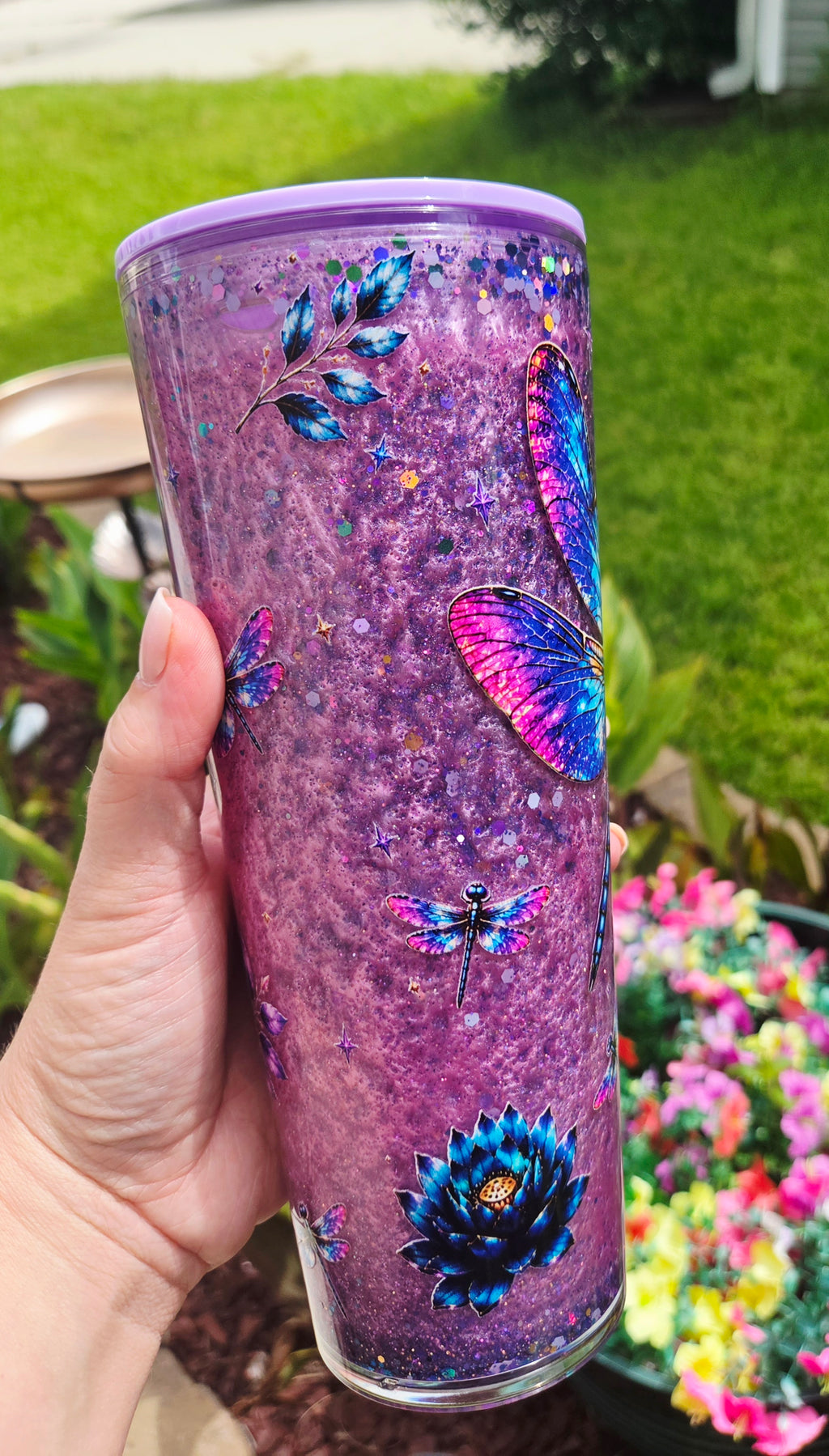 DRAGONFLY 24 oz acrylic snow globe tumbler mica waterfall